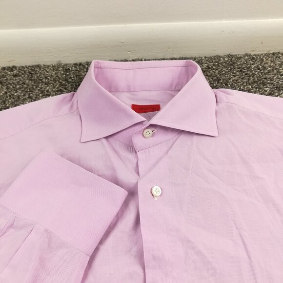 Isaia Napoli Dress Shirt Micro Gingham Checked Purple Size 17.544
